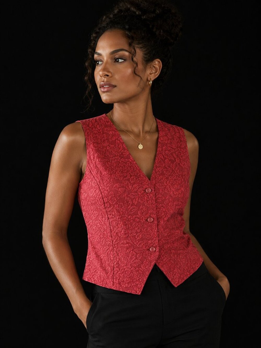 Vintage Red Floral Jacquard Victorian Vest | Denim Republic Large